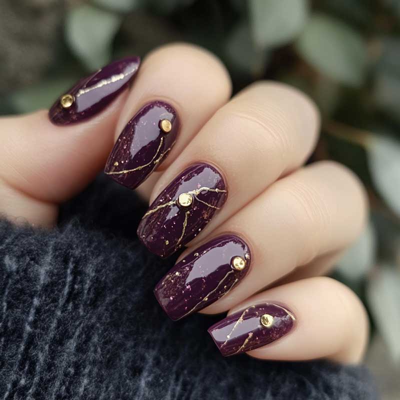 Fall Marble Nail Designs - Plum with Gold Marble Detailing